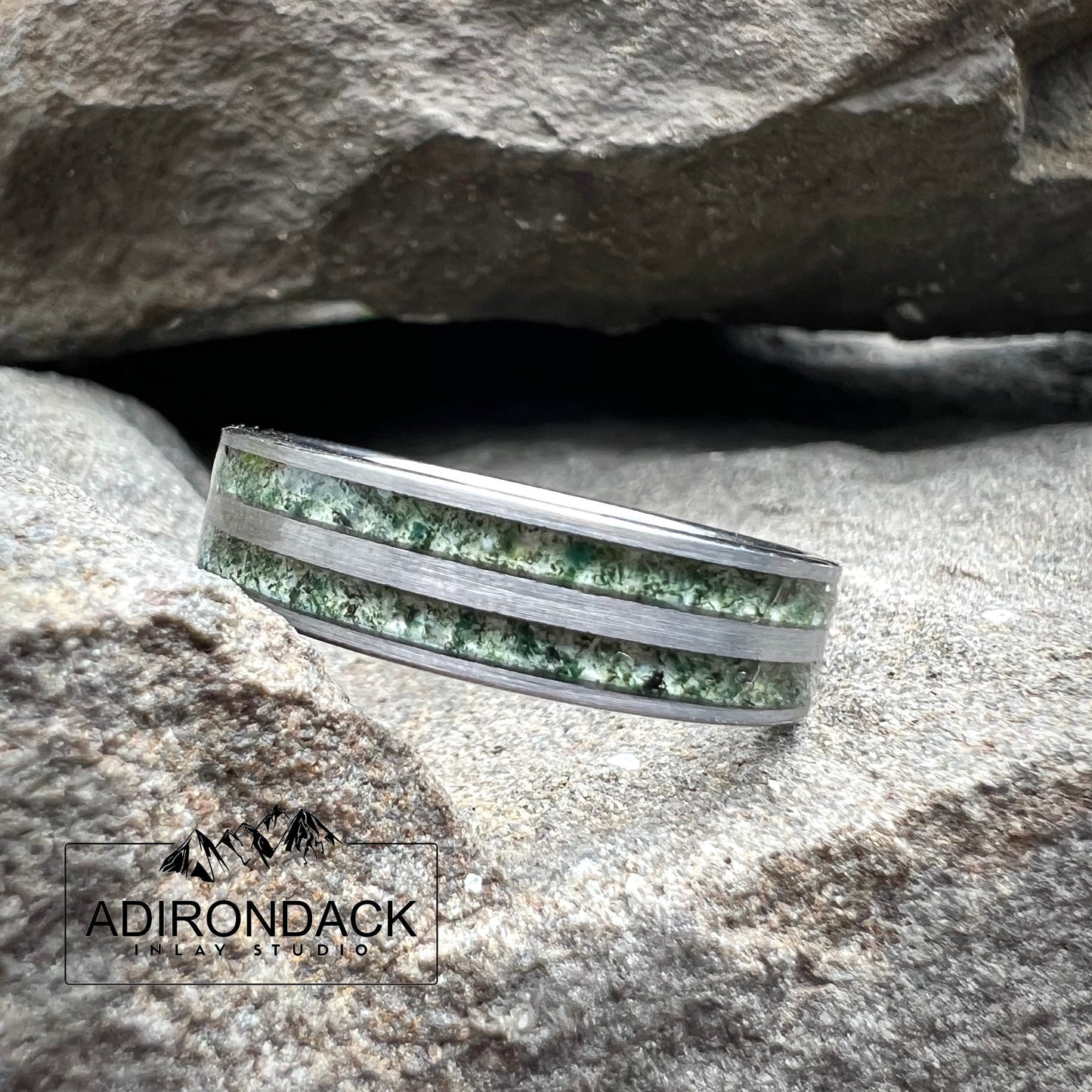 6mm Double Channel Tungsten Band, Moss Agate Band, Moss Agate ring, Agate Ring, Gemstone Inlay ring, Agate band, Mens Ring, Womans Ring, Wedding Band - Premium Custom Jewelry from Adirondack Inlay Studio LLC - Just $119! Shop now at Adirondack Inlay Studio LLC