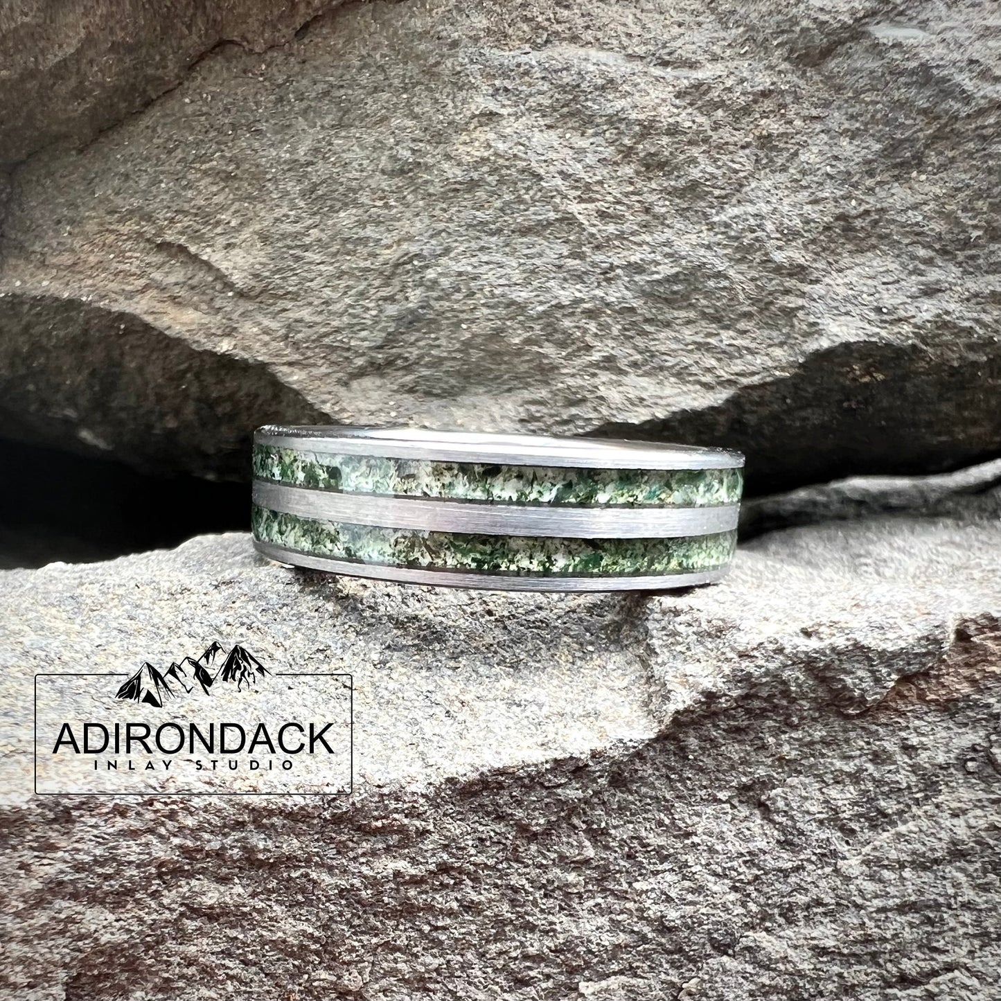 6mm Double Channel Tungsten Band, Moss Agate Band, Moss Agate ring, Agate Ring, Gemstone Inlay ring, Agate band, Mens Ring, Womans Ring, Wedding Band - Premium Custom Jewelry from Adirondack Inlay Studio LLC - Just $119! Shop now at Adirondack Inlay Studio LLC