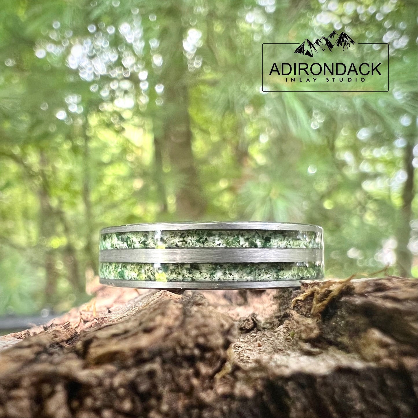 6mm Double Channel Tungsten Band, Moss Agate Band, Moss Agate ring, Agate Ring, Gemstone Inlay ring, Agate band, Mens Ring, Womans Ring, Wedding Band - Premium Custom Jewelry from Adirondack Inlay Studio LLC - Just $119! Shop now at Adirondack Inlay Studio LLC