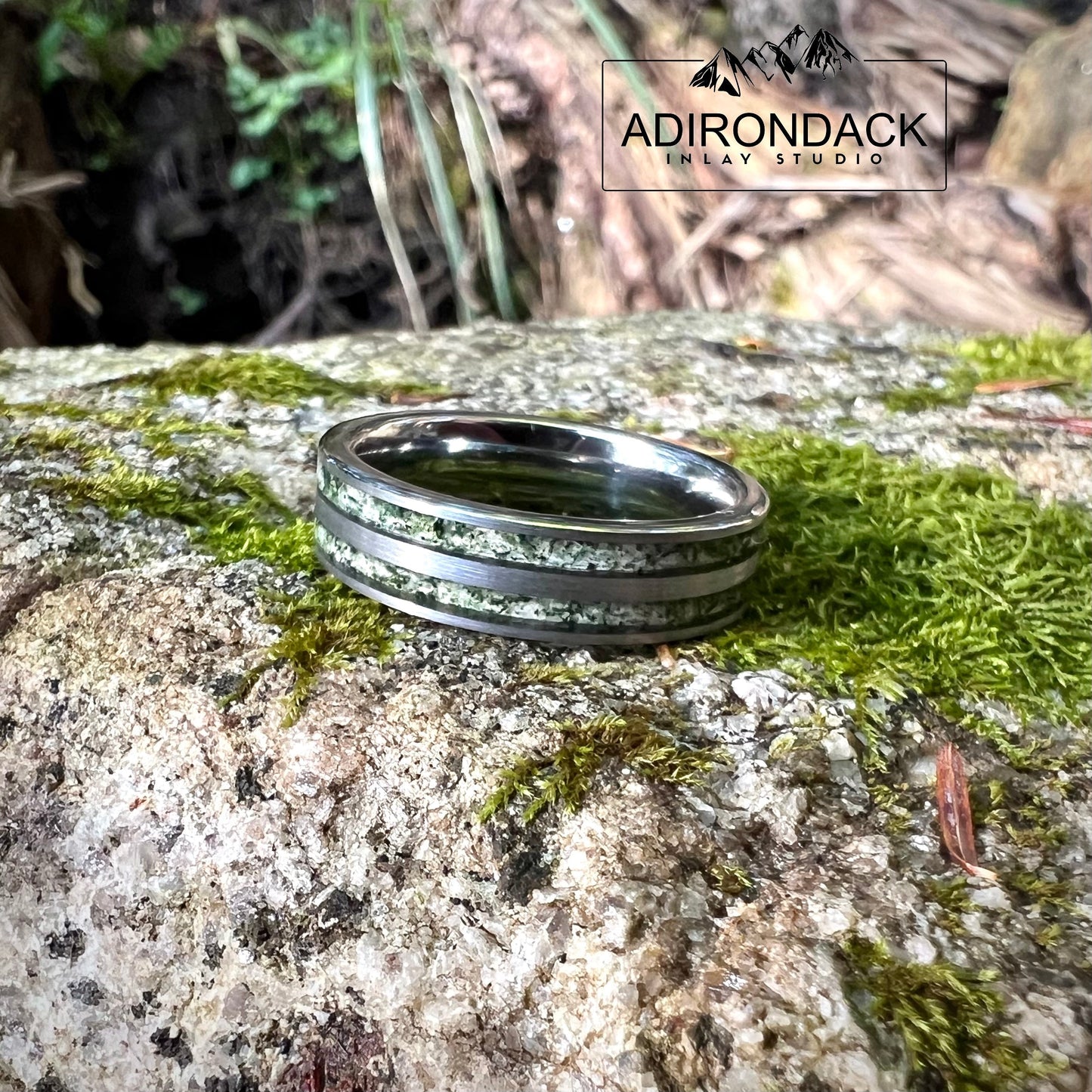 6mm Double Channel Tungsten Band, Moss Agate Band, Moss Agate ring, Agate Ring, Gemstone Inlay ring, Agate band, Mens Ring, Womans Ring, Wedding Band - Premium Custom Jewelry from Adirondack Inlay Studio LLC - Just $119! Shop now at Adirondack Inlay Studio LLC