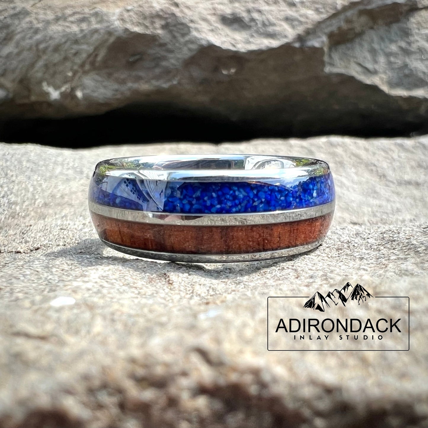 8mm Double Channel Tungsten Band, Lapis Lazuli and Wood Band, Lapis Lazuli ring, Wood Ring, Gemstone Inlay ring, Wood band, Mens Ring, Womans Ring, Wedding Band - Premium Custom Jewelry from Adirondack Inlay Studio LLC - Just $124! Shop now at Adirondack Inlay Studio LLC