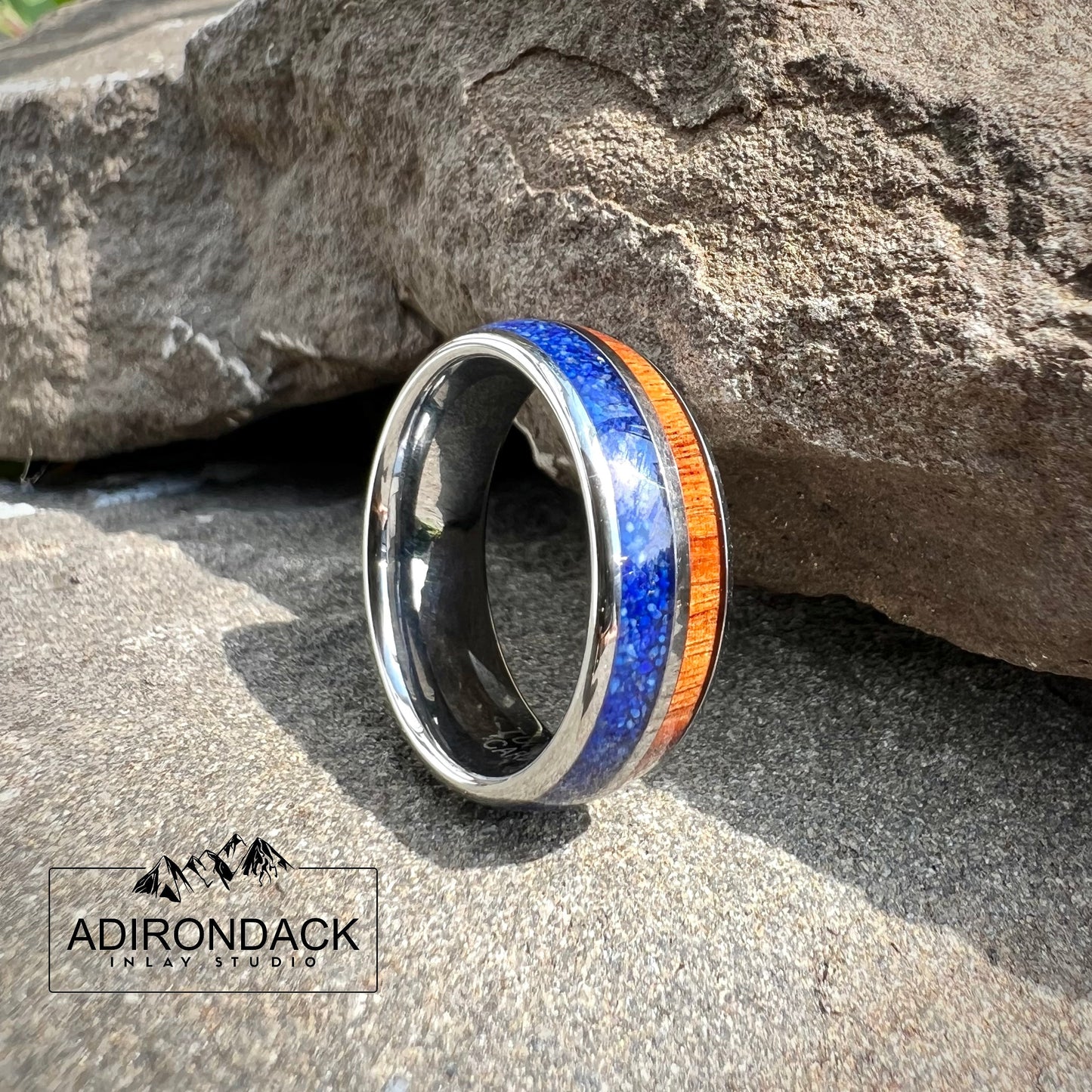 8mm Double Channel Tungsten Band, Lapis Lazuli and Wood Band, Lapis Lazuli ring, Wood Ring, Gemstone Inlay ring, Wood band, Mens Ring, Womans Ring, Wedding Band - Premium Custom Jewelry from Adirondack Inlay Studio LLC - Just $119! Shop now at Adirondack Inlay Studio LLC
