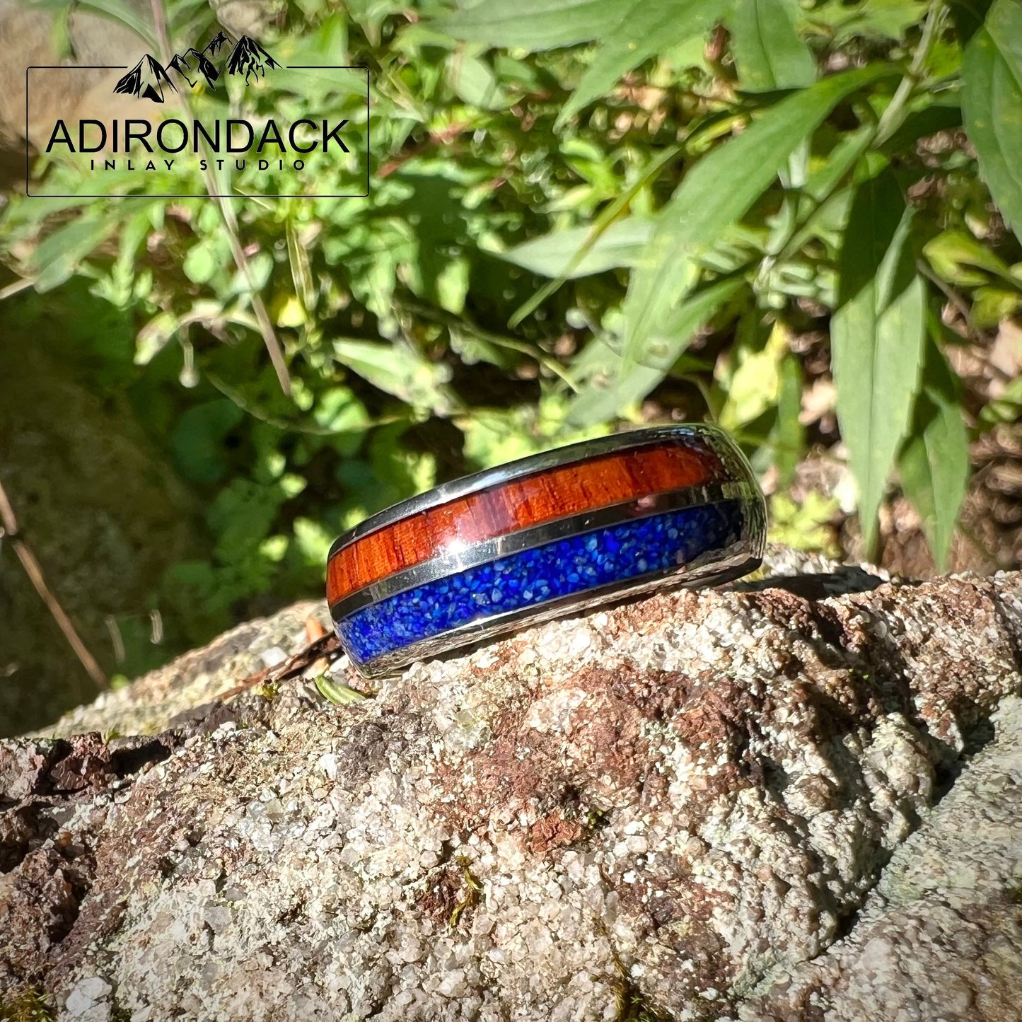 8mm Double Channel Tungsten Band, Lapis Lazuli and Wood Band, Lapis Lazuli ring, Wood Ring, Gemstone Inlay ring, Wood band, Mens Ring, Womans Ring, Wedding Band - Premium Custom Jewelry from Adirondack Inlay Studio LLC - Just $119! Shop now at Adirondack Inlay Studio LLC