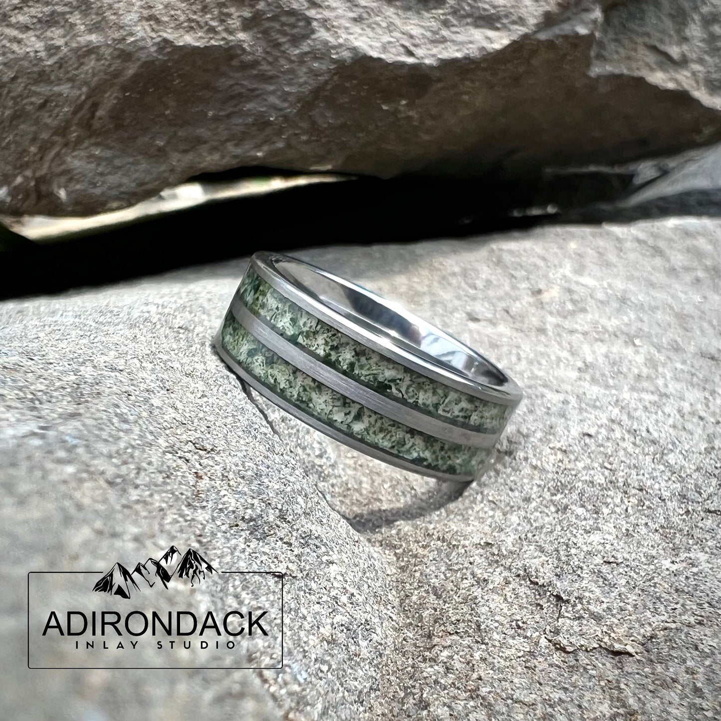 8mm Double Channel Tungsten Band, Moss Agate Band, Moss Agate ring, Agate Ring, Gemstone Inlay ring, Agate band, Mens Ring, Womans Ring, Wedding Band - Premium Custom Jewelry from Adirondack Inlay Studio LLC - Just $124! Shop now at Adirondack Inlay Studio LLC