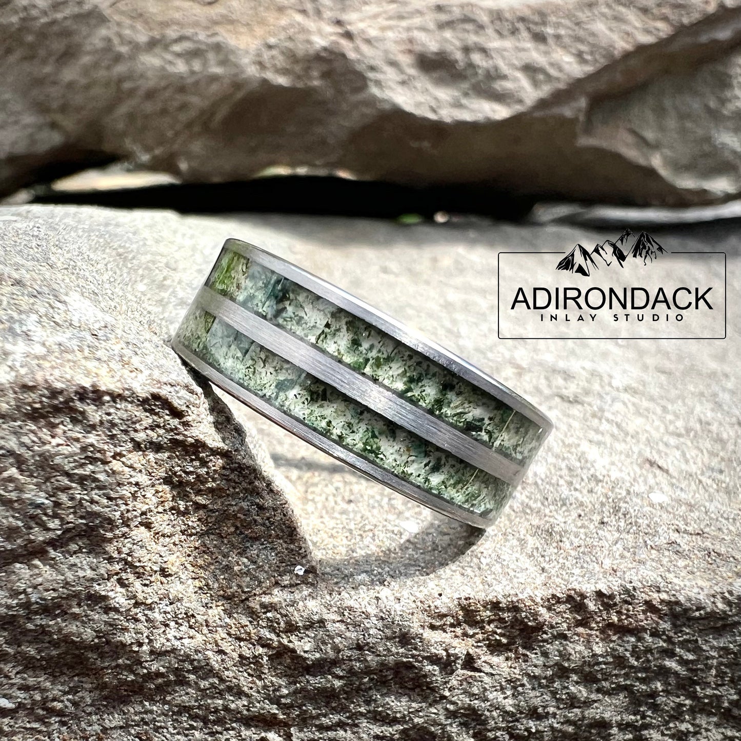 8mm Double Channel Tungsten Band, Moss Agate Band, Moss Agate ring, Agate Ring, Gemstone Inlay ring, Agate band, Mens Ring, Womans Ring, Wedding Band - Premium Custom Jewelry from Adirondack Inlay Studio LLC - Just $119! Shop now at Adirondack Inlay Studio LLC