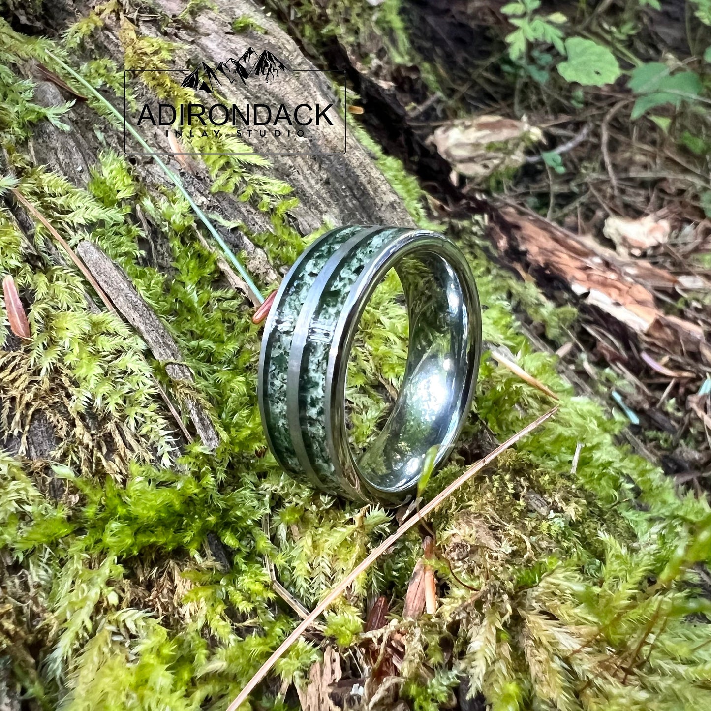 8mm Double Channel Tungsten Band, Moss Agate Band, Moss Agate ring, Agate Ring, Gemstone Inlay ring, Agate band, Mens Ring, Womans Ring, Wedding Band - Premium Custom Jewelry from Adirondack Inlay Studio LLC - Just $119! Shop now at Adirondack Inlay Studio LLC