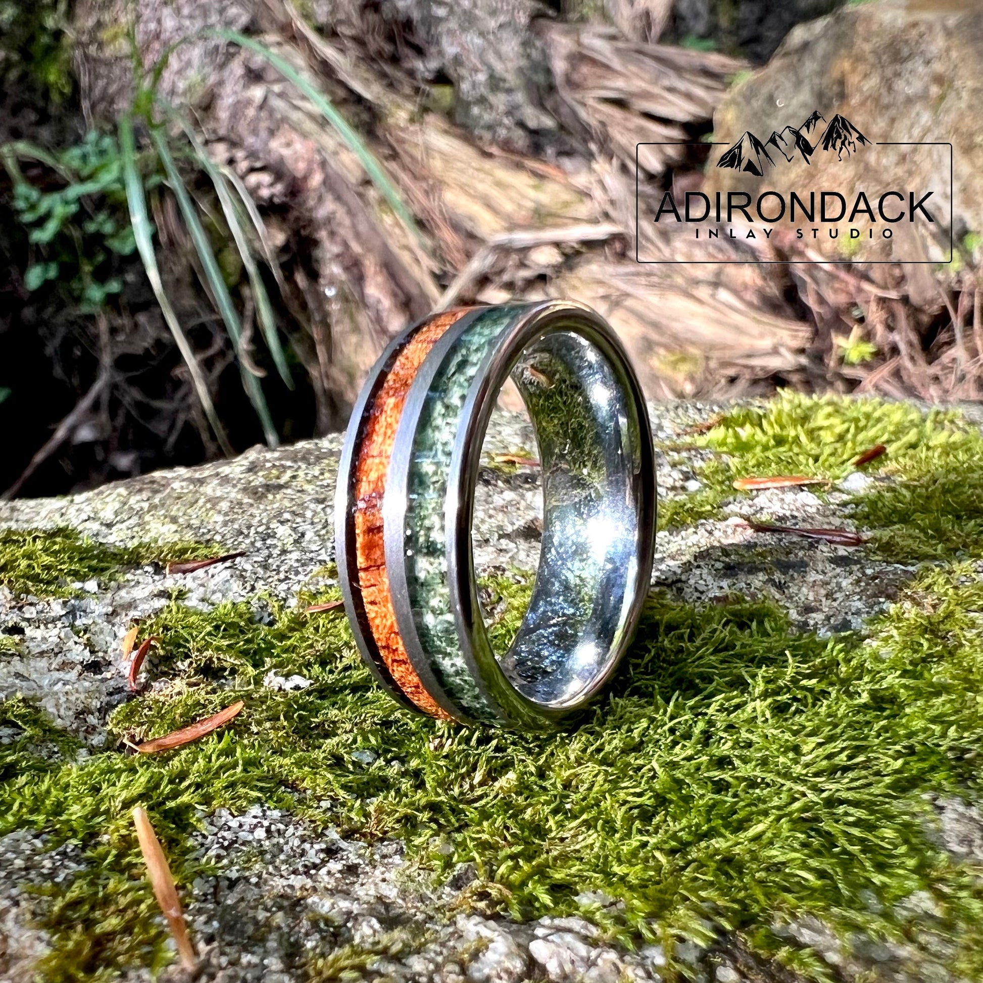 8mm Double Channel Tungsten Band, Moss Agate and Wood Band, Moss Agate ring, Wood Ring, Gemstone Inlay ring, Wood band, Mens Ring, Womans Ring, Wedding Band - Premium Custom Jewelry from Adirondack Inlay Studio LLC - Just $119! Shop now at Adirondack Inlay Studio LLC