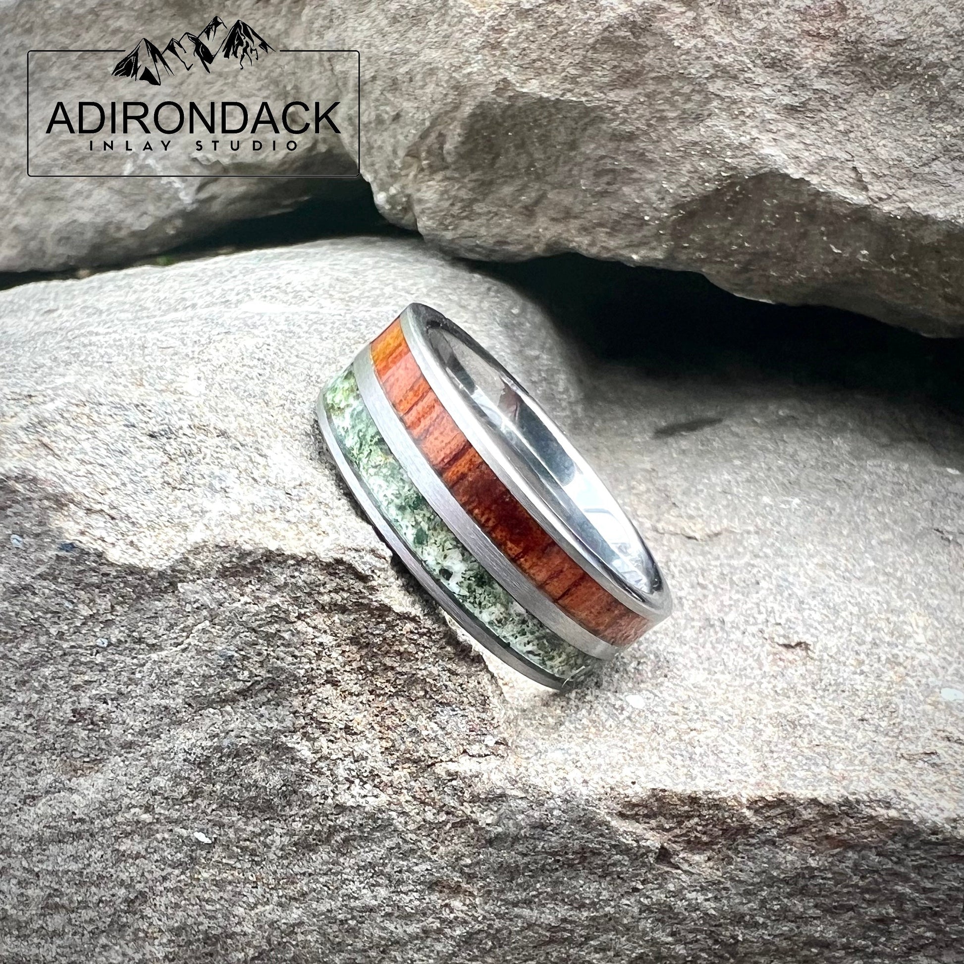 8mm Double Channel Tungsten Band, Moss Agate and Wood Band, Moss Agate ring, Wood Ring, Gemstone Inlay ring, Wood band, Mens Ring, Womans Ring, Wedding Band - Premium Custom Jewelry from Adirondack Inlay Studio LLC - Just $119! Shop now at Adirondack Inlay Studio LLC