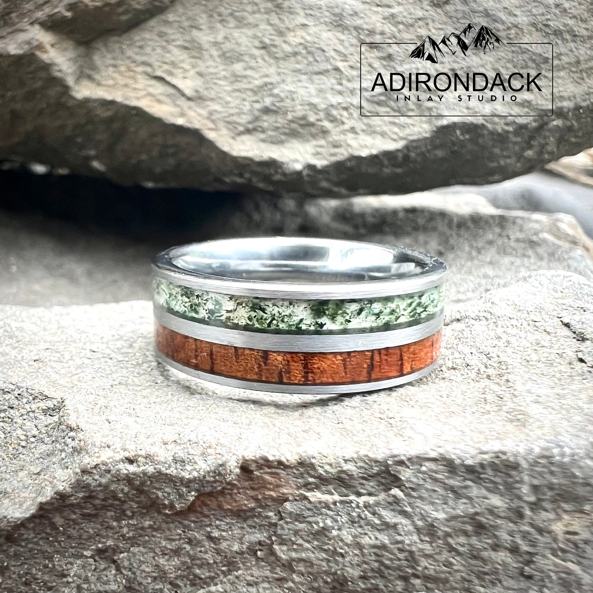 8mm Double Channel Tungsten Band, Moss Agate and Wood Band, Moss Agate ring, Wood Ring, Gemstone Inlay ring, Wood band, Mens Ring, Womans Ring, Wedding Band - Premium Custom Jewelry from Adirondack Inlay Studio LLC - Just $119! Shop now at Adirondack Inlay Studio LLC
