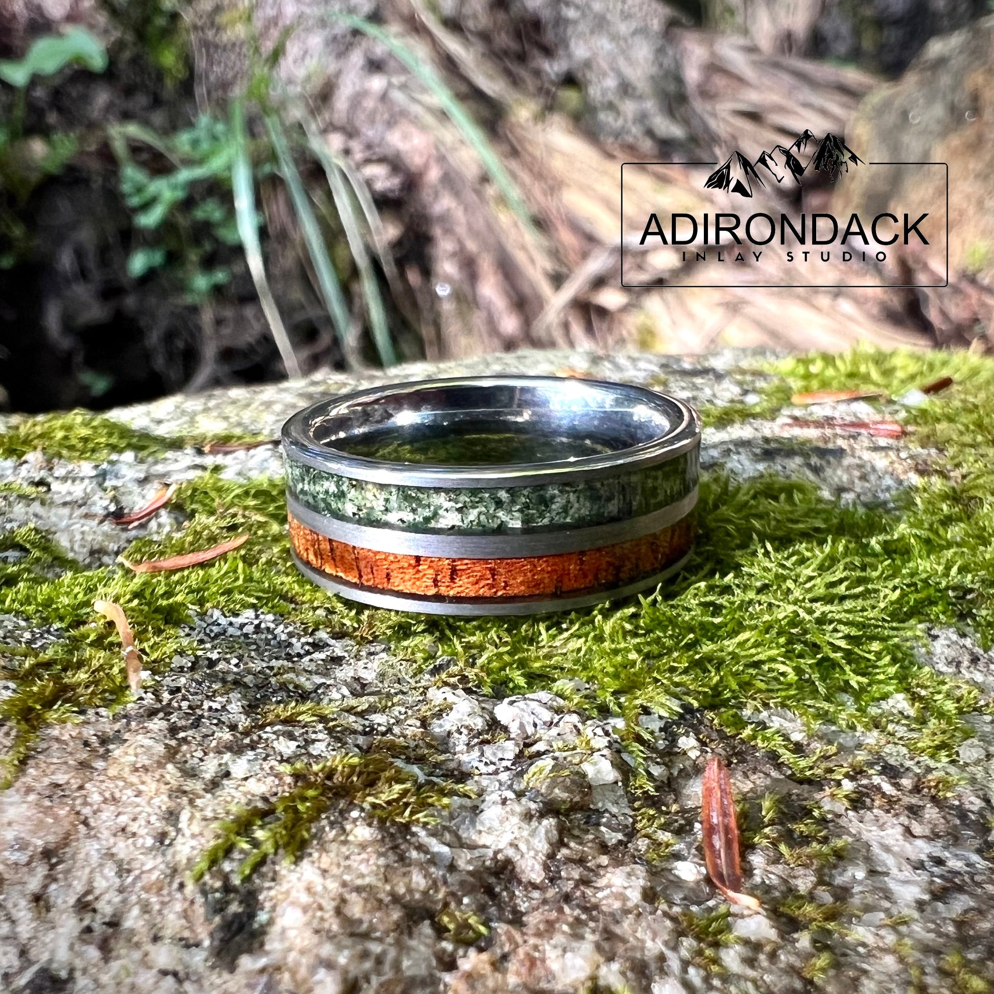 8mm Double Channel Tungsten Band, Moss Agate and Wood Band, Moss Agate ring, Wood Ring, Gemstone Inlay ring, Wood band, Mens Ring, Womans Ring, Wedding Band - Premium Custom Jewelry from Adirondack Inlay Studio LLC - Just $124! Shop now at Adirondack Inlay Studio LLC
