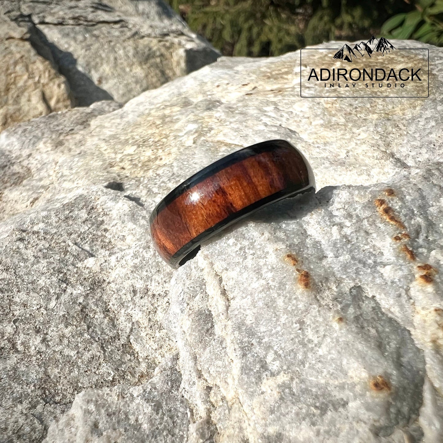 8mm Rounded Black Tungsten Band, Koa Wood ring, Wood Inlay ring, wood band, nature inspired ring, Mens wood ring, Womans wood Ring, Alternative Wedding Ring - Premium Custom Jewelry from Adirondack Inlay Studio LLC - Just $119! Shop now at Adirondack Inlay Studio LLC