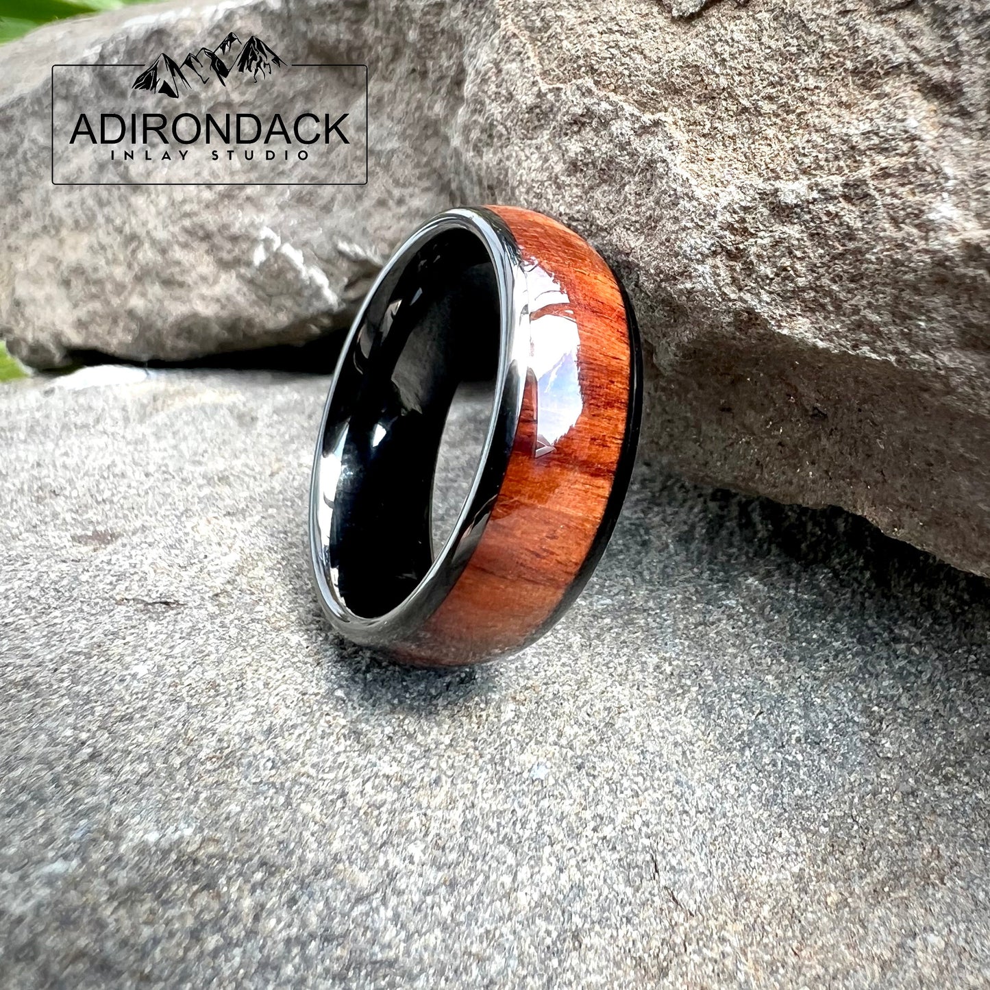 8mm Rounded Black Tungsten Band, Koa Wood ring, Wood Inlay ring, wood band, nature inspired ring, Mens wood ring, Womans wood Ring, Alternative Wedding Ring - Premium Custom Jewelry from Adirondack Inlay Studio LLC - Just $119! Shop now at Adirondack Inlay Studio LLC