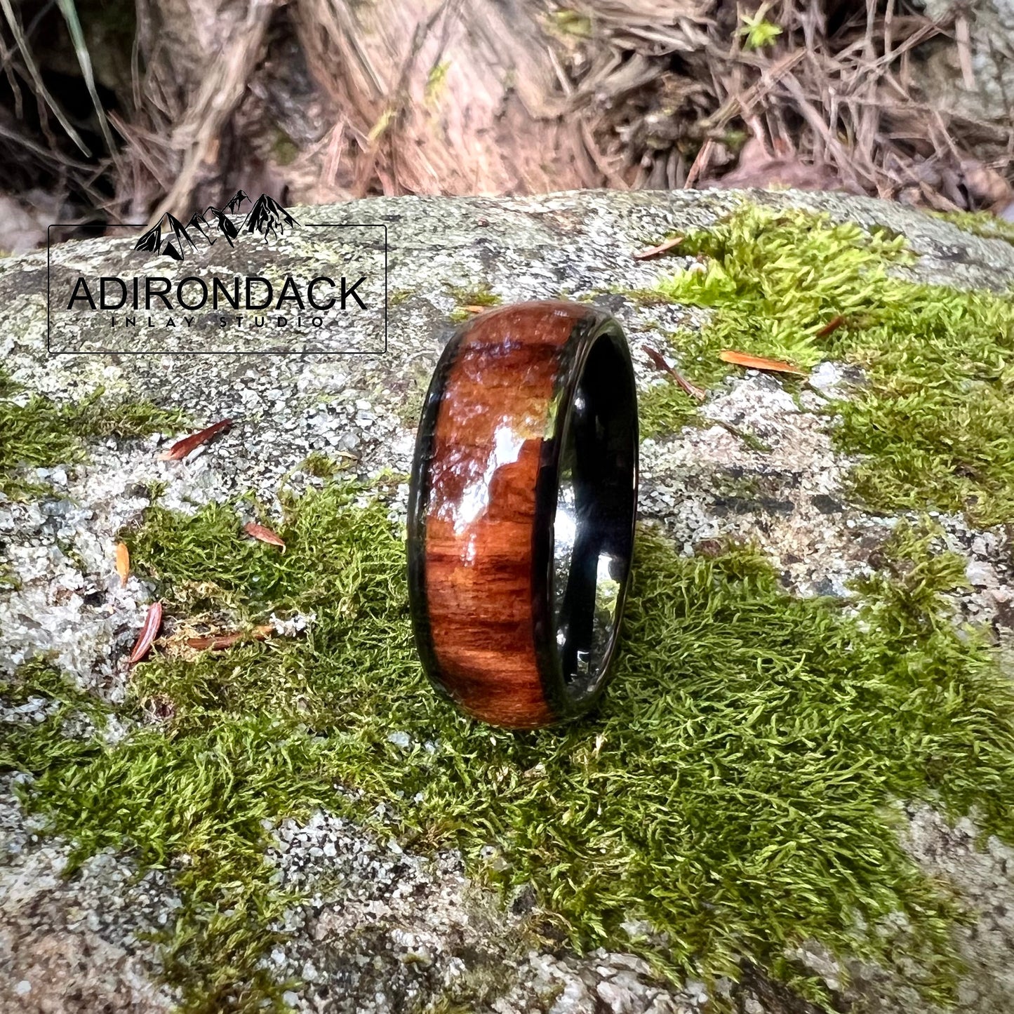 8mm Rounded Black Tungsten Band, Koa Wood ring, Wood Inlay ring, wood band, nature inspired ring, Mens wood ring, Womans wood Ring, Alternative Wedding Ring - Premium Custom Jewelry from Adirondack Inlay Studio LLC - Just $119! Shop now at Adirondack Inlay Studio LLC