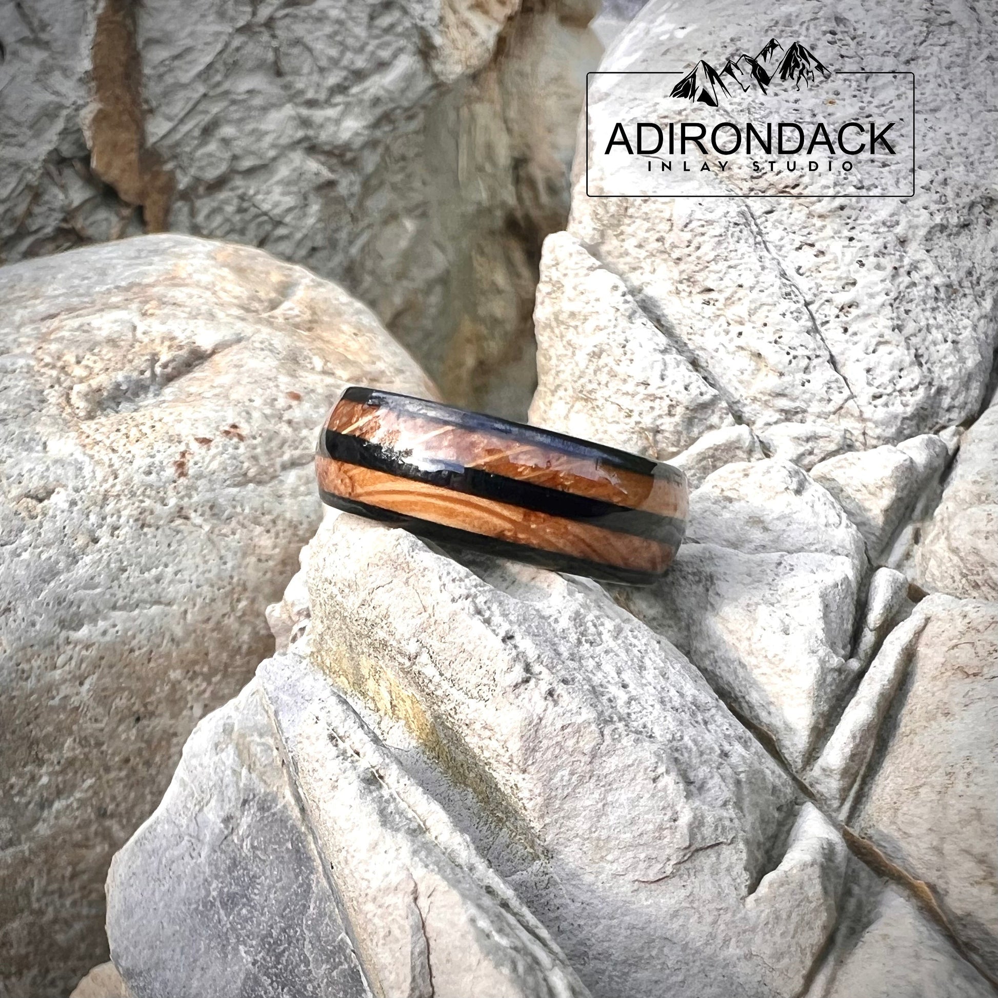 8mm Double Channel Black Tungsten Band, Whisky Wood Band, Whisky Barrel ring, Whisky Ring, Wood Inlay ring, wood band, Mens Ring, Womans Ring, Wood Wedding Band - Premium Custom Jewelry from Adirondack Inlay Studio LLC - Just $119! Shop now at Adirondack Inlay Studio LLC