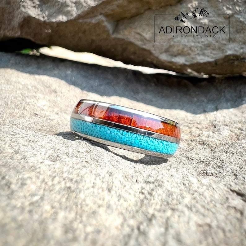 8mm Wood and Turquoise Ring, wood wedding band, Turquoise Band, Nature inspired ring, mens promise ring, Mens Wood Ring, nature wedding ring - Premium Custom Jewelry from Adirondack Inlay Studio LLC - Just $119! Shop now at Adirondack Inlay Studio LLC