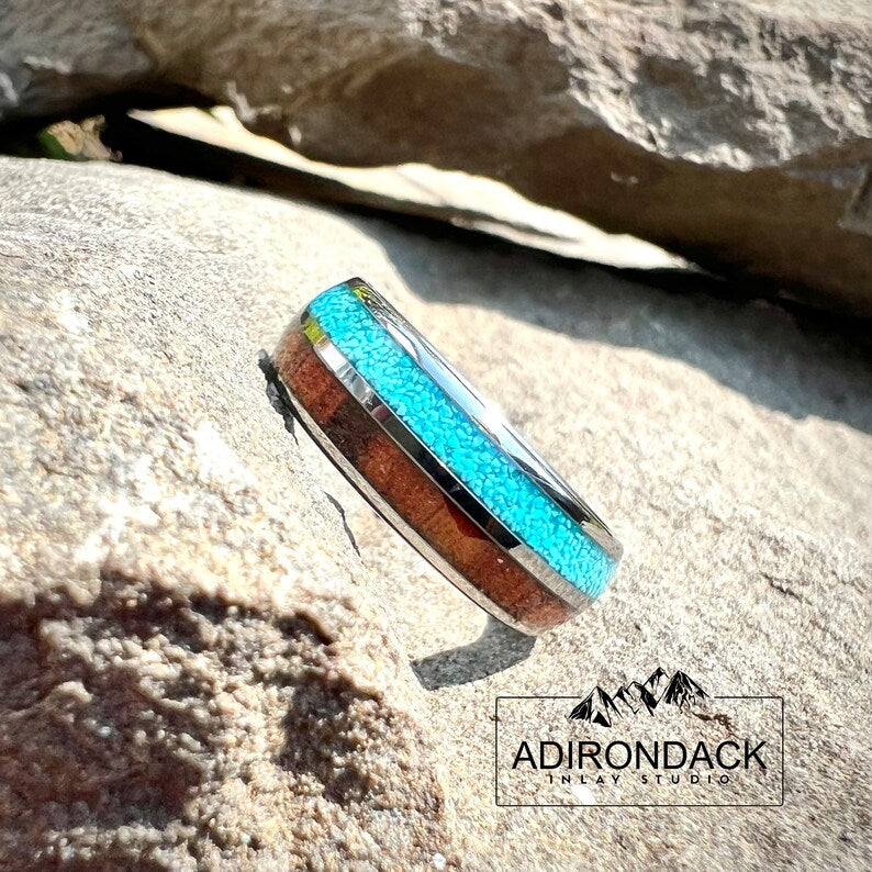 8mm Wood and Turquoise Ring, wood wedding band, Turquoise Band, Nature inspired ring, mens promise ring, Mens Wood Ring, nature wedding ring - Premium Custom Jewelry from Adirondack Inlay Studio LLC - Just $119! Shop now at Adirondack Inlay Studio LLC