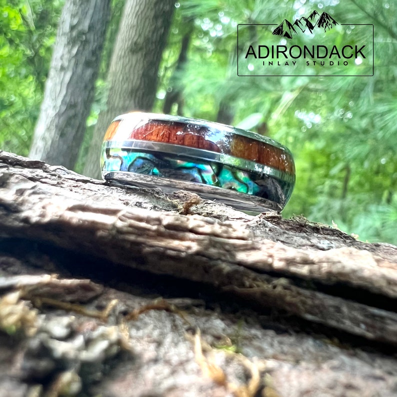 8mm Wood and Abalone Ring, Abalone ring, Wood Wedding Ring, Mens promise ring, Mens Wood Ring, nature wedding ring, Mens engagement ring - Premium Custom Jewelry from Adirondack Inlay Studio LLC - Just $119! Shop now at Adirondack Inlay Studio LLC