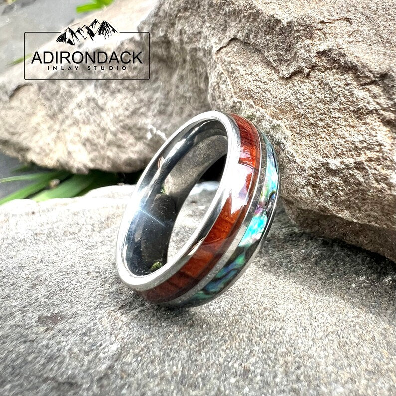 8mm Wood and Abalone Ring, Abalone ring, Wood Wedding Ring, Mens promise ring, Mens Wood Ring, nature wedding ring, Mens engagement ring - Premium Custom Jewelry from Adirondack Inlay Studio LLC - Just $119! Shop now at Adirondack Inlay Studio LLC