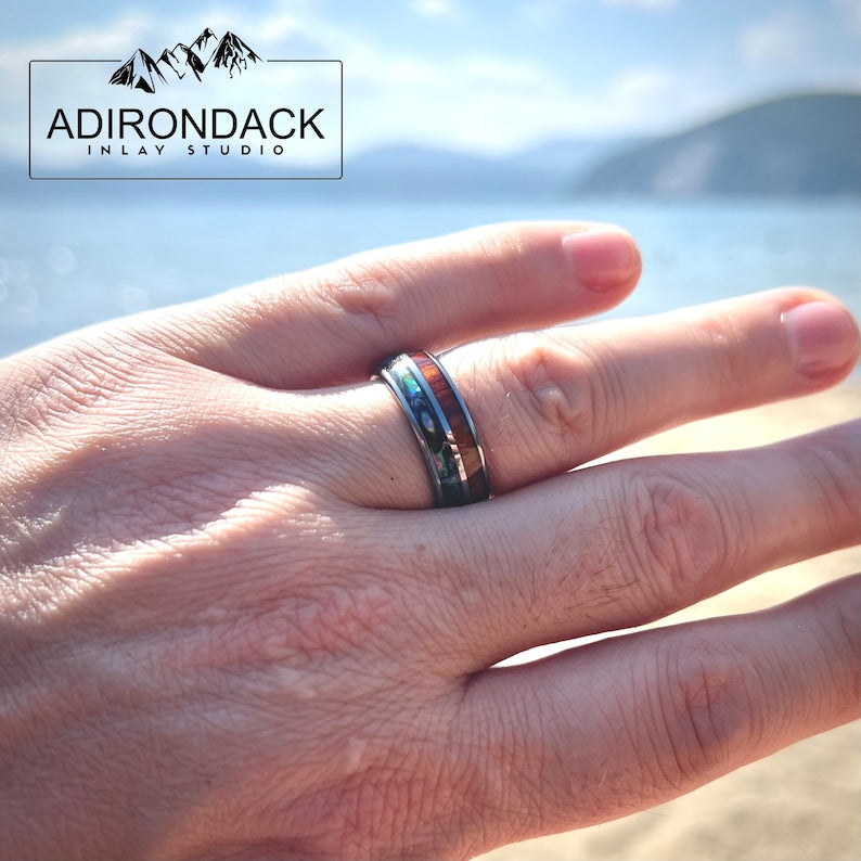 8mm Wood and Abalone Ring, Abalone ring, Wood Wedding Ring, Mens promise ring, Mens Wood Ring, nature wedding ring, Mens engagement ring - Premium Custom Jewelry from Adirondack Inlay Studio LLC - Just $119! Shop now at Adirondack Inlay Studio LLC