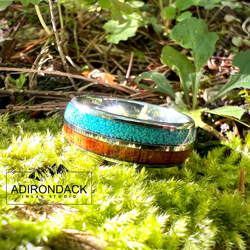 8mm Wood and Turquoise Ring, wood wedding band, Turquoise Band, Nature inspired ring, mens promise ring, Mens Wood Ring, nature wedding ring - Premium Custom Jewelry from Adirondack Inlay Studio LLC - Just $119! Shop now at Adirondack Inlay Studio LLC