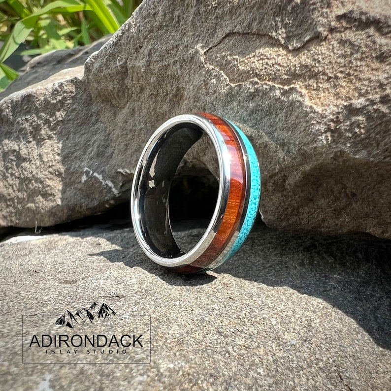 8mm Wood and Turquoise Ring, wood wedding band, Turquoise Band, Nature inspired ring, mens promise ring, Mens Wood Ring, nature wedding ring - Premium Custom Jewelry from Adirondack Inlay Studio LLC - Just $119! Shop now at Adirondack Inlay Studio LLC