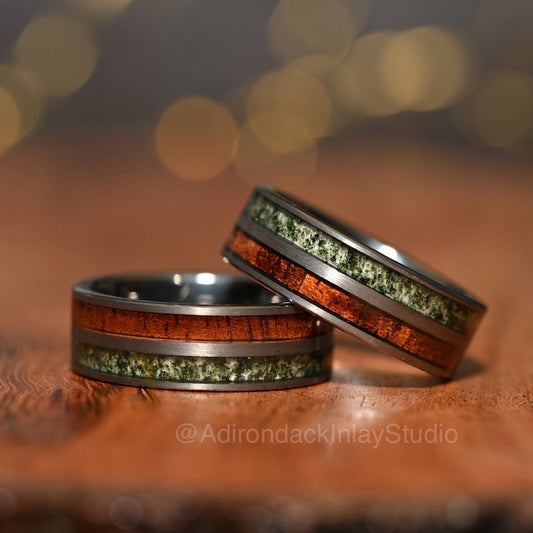 8mm Double Channel Tungsten Band, Moss Agate and Wood Band, Moss Agate ring, Wood Ring, Gemstone Inlay ring, Wood band, Mens Ring, Womans Ring, Wedding Band - Premium Custom Jewelry from Adirondack Inlay Studio LLC - Just $119! Shop now at Adirondack Inlay Studio LLC
