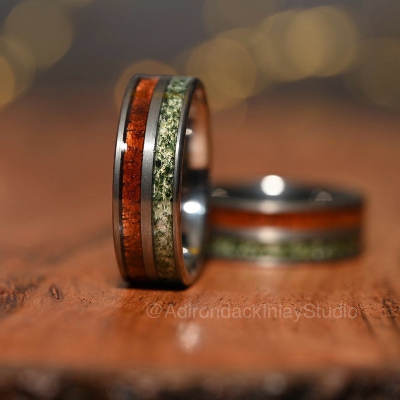 8mm Double Channel Tungsten Band, Moss Agate and Wood Band, Moss Agate ring, Wood Ring, Gemstone Inlay ring, Wood band, Mens Ring, Womans Ring, Wedding Band - Premium Custom Jewelry from Adirondack Inlay Studio LLC - Just $119! Shop now at Adirondack Inlay Studio LLC