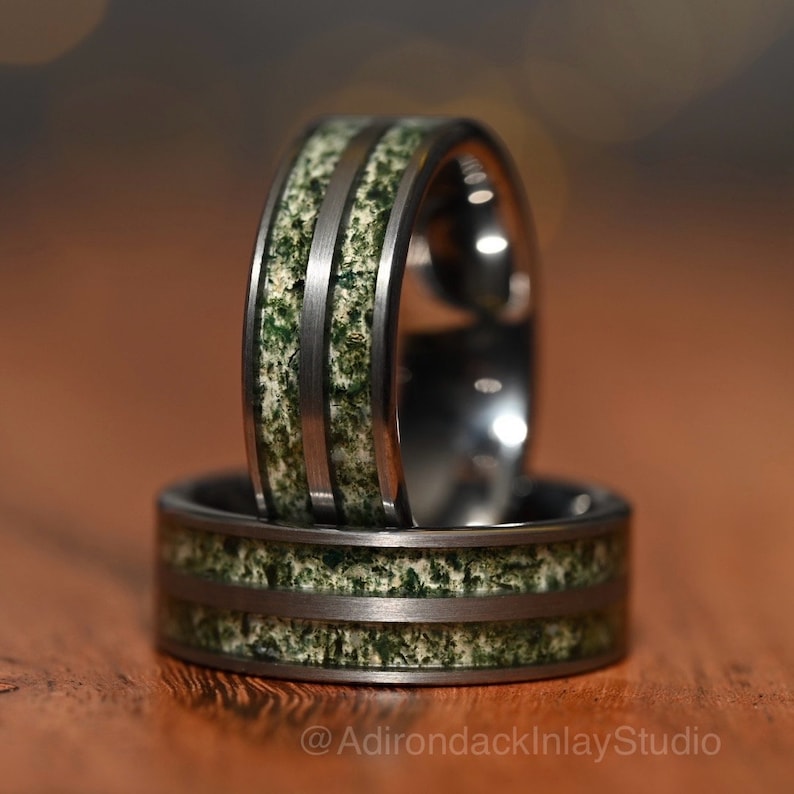 8mm Double Channel Tungsten Band, Moss Agate Band, Moss Agate ring, Agate Ring, Gemstone Inlay ring, Agate band, Mens Ring, Womans Ring, Wedding Band - Premium Custom Jewelry from Adirondack Inlay Studio LLC - Just $119! Shop now at Adirondack Inlay Studio LLC