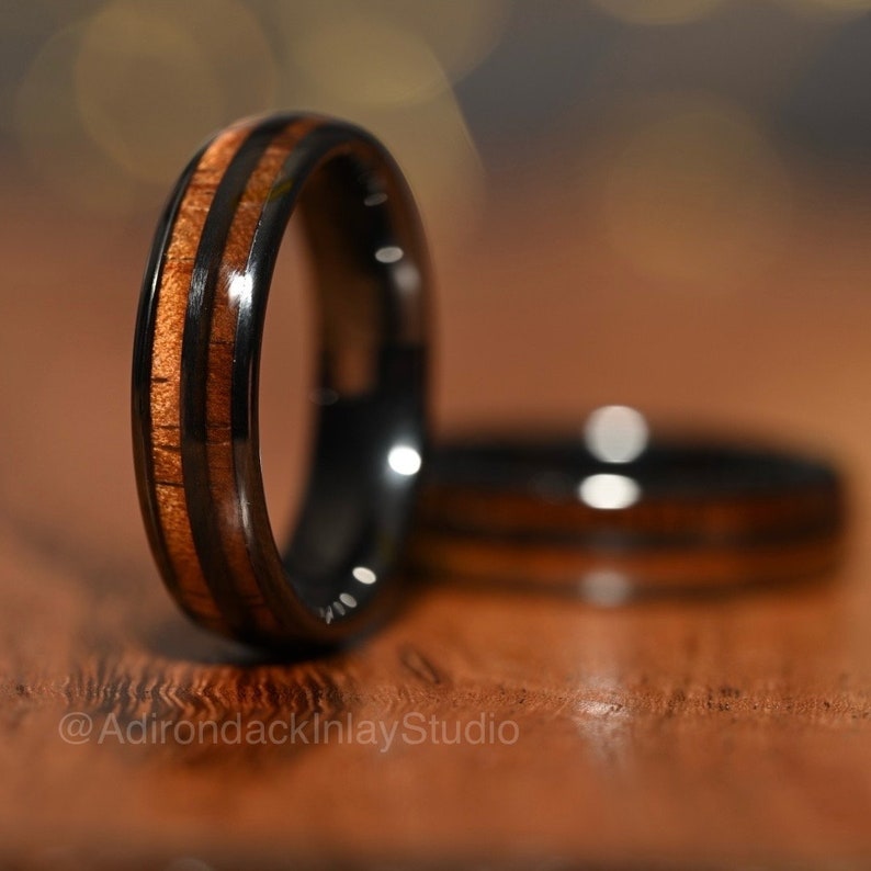 6mm Double Channel Black Zirconia Band, Koa Wood ring, Wood Inlay ring, wood band, nature inspired ring, Mens Wood Ring, Womans Wood Ring, Nature Wedding Band - Premium Custom Jewelry from Adirondack Inlay Studio LLC - Just $119! Shop now at Adirondack Inlay Studio LLC