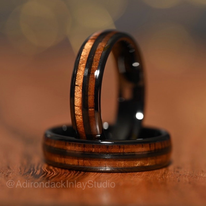 6mm Double Channel Black Zirconia Band, Koa Wood ring, Wood Inlay ring, wood band, nature inspired ring, Mens Wood Ring, Womans Wood Ring, Nature Wedding Band - Premium Custom Jewelry from Adirondack Inlay Studio LLC - Just $119! Shop now at Adirondack Inlay Studio LLC
