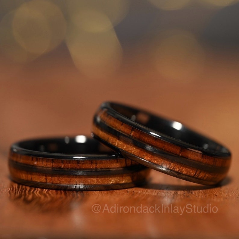 6mm Double Channel Black Zirconia Band, Koa Wood ring, Wood Inlay ring, wood band, nature inspired ring, Mens Wood Ring, Womans Wood Ring, Nature Wedding Band - Premium Custom Jewelry from Adirondack Inlay Studio LLC - Just $119! Shop now at Adirondack Inlay Studio LLC