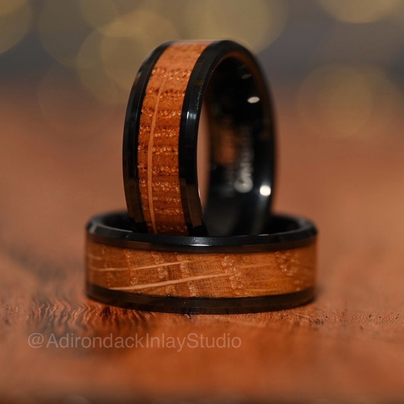 8mm Black Tungsten Band, Whisky Wood Band, Whisky Barrel ring, Whisky Stave Band, Wood Inlay ring, wood band, Mens wood ring, Womans wood Ring, Wood Wedding Band - Premium Custom Jewelry from Adirondack Inlay Studio LLC - Just $119! Shop now at Adirondack Inlay Studio LLC