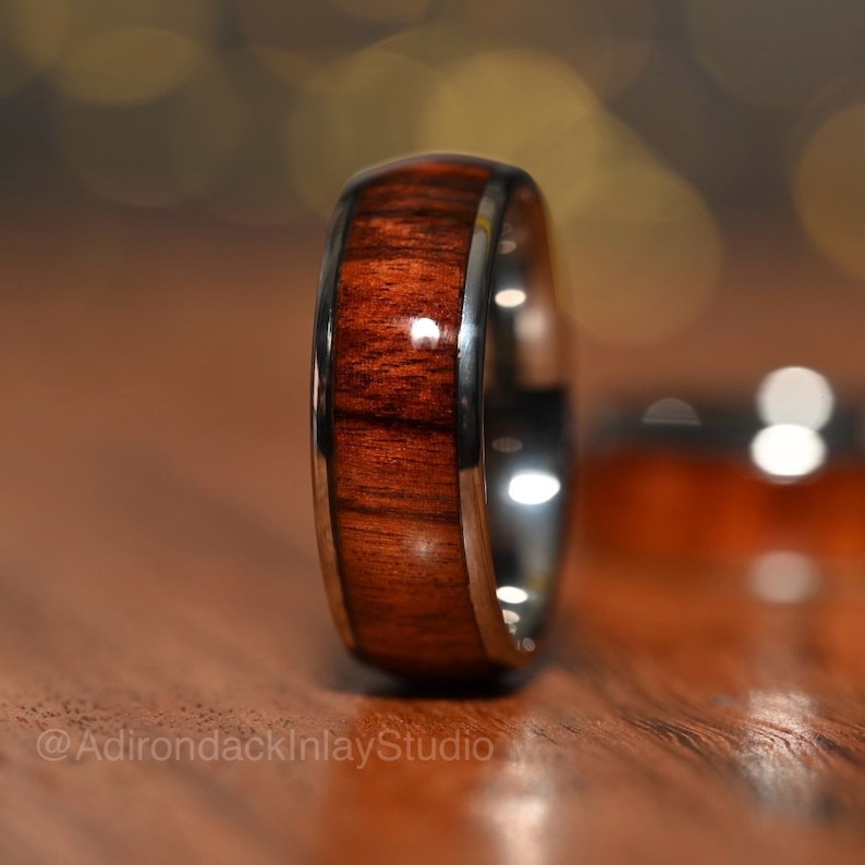 8mm Rounded Tungsten Band, Koa Wood ring, Wood Inlay ring, wood band, nature inspired ring, Mens wood ring, Womans wood Ring, Wood Wedding Band - Premium Custom Jewelry from Adirondack Inlay Studio LLC - Just $119! Shop now at Adirondack Inlay Studio LLC