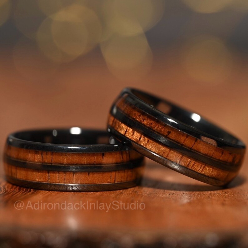 8mm Double Channel Black Zirconia Band, Koa Wood ring, Wood Inlay ring, Wood Band, Nature Inspired Ring, Wood Mens ring, Wood Womans Ring, Wood Wedding Band - Premium Custom Jewelry from Adirondack Inlay Studio LLC - Just $119! Shop now at Adirondack Inlay Studio LLC