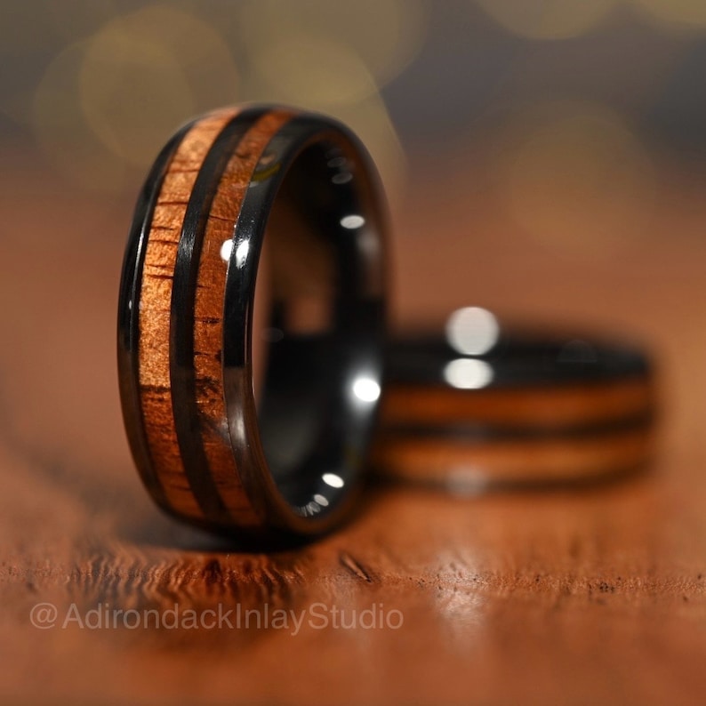 8mm Double Channel Black Zirconia Band,  Koa Wood ring, Wood Inlay ring, Wood Band, Nature Inspired Ring, Wood Mens ring, Wood Womans Ring, Wood Wedding Band - Premium Custom Jewelry from Adirondack Inlay Studio LLC - Just $119! Shop now at Adirondack Inlay Studio LLC