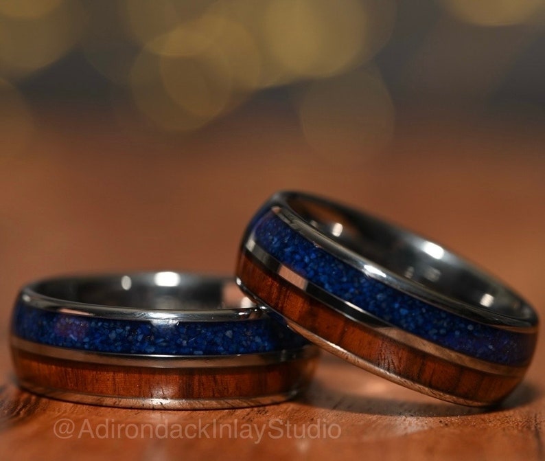 8mm Double Channel Tungsten Band, Lapis Lazuli and Wood Band, Lapis Lazuli ring, Wood Ring, Gemstone Inlay ring, Wood band, Mens Ring, Womans Ring, Wedding Band - Premium Custom Jewelry from Adirondack Inlay Studio LLC - Just $119! Shop now at Adirondack Inlay Studio LLC