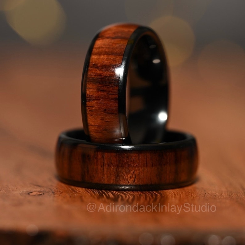 8mm Rounded Black Tungsten Band, Koa Wood ring, Wood Inlay ring, wood band, nature inspired ring, Mens wood ring, Womans wood Ring, Alternative Wedding Ring - Premium Custom Jewelry from Adirondack Inlay Studio LLC - Just $119! Shop now at Adirondack Inlay Studio LLC