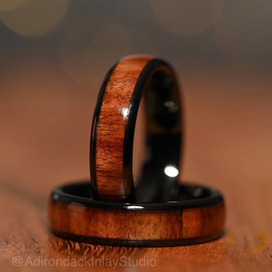 6mm Rounded Black Tungsten Band, Koa Wood ring, Wood Inlay ring, wood band, nature inspired ring, Wood Mens Ring, Wood Womans Ring, Nature Wedding Ring - Premium Custom Jewelry from Adirondack Inlay Studio LLC - Just $118! Shop now at Adirondack Inlay Studio LLC