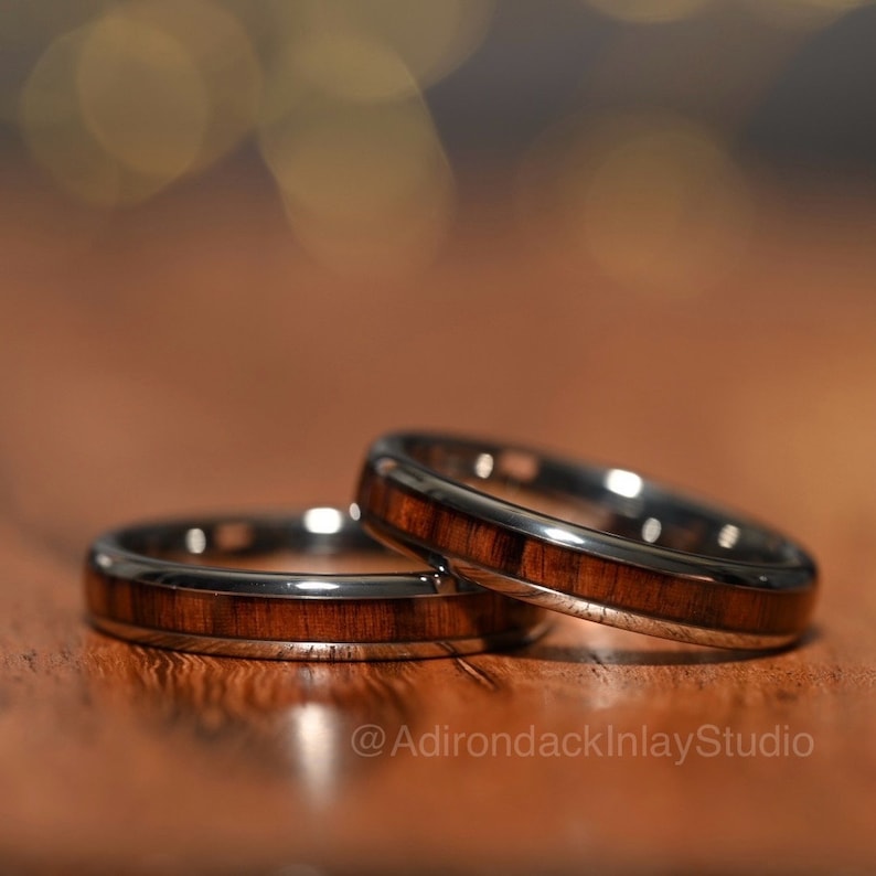 4mm Tungsten Ring, Koa Wood ring, Wood Inlay ring, wood band, nature inspired ring, Mens Wood Ring, Womans Wood Ring, Nature Wedding Band - Premium Custom Jewelry from Adirondack Inlay Studio LLC - Just $119! Shop now at Adirondack Inlay Studio LLC