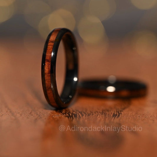 4mm Black Tungsten Ring, Koa Wood ring, Wood Inlay ring, wood band, nature inspired ring, Mens Wood Ring, Womans Wood Ring, Alternative Wedding Band - Premium Custom Jewelry from Adirondack Inlay Studio LLC - Just $119! Shop now at Adirondack Inlay Studio LLC