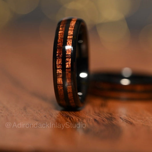 6mm Double Channel Black Tungsten Band, Koa Wood ring, Wood Inlay ring, wood band, nature inspired ring, Mens Ring, Womans Ring, Alternative Wedding Band - Premium Custom Jewelry from Adirondack Inlay Studio LLC - Just $119! Shop now at Adirondack Inlay Studio LLC
