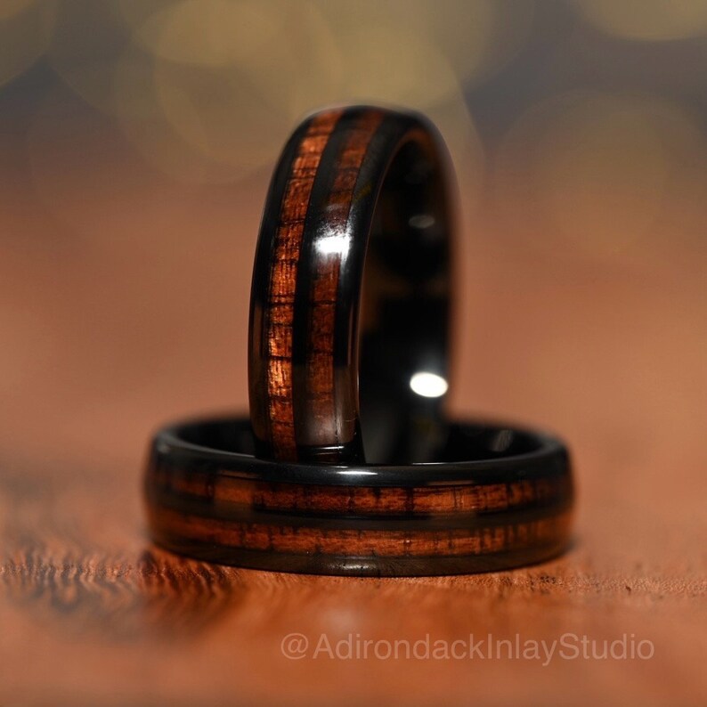 6mm Double Channel Black Tungsten Band, Koa Wood ring, Wood Inlay ring, wood band, nature inspired ring, Mens Ring, Womans Ring, Alternative Wedding Band - Premium Custom Jewelry from Adirondack Inlay Studio LLC - Just $119! Shop now at Adirondack Inlay Studio LLC