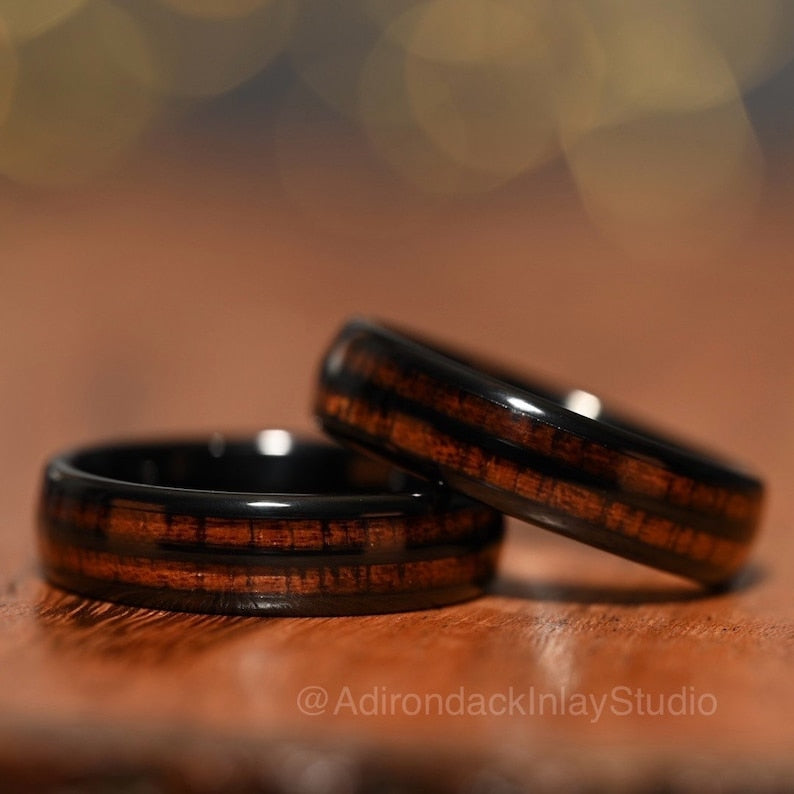 6mm Double Channel Black Tungsten Band, Koa Wood ring, Wood Inlay ring, wood band, nature inspired ring, Mens Ring, Womans Ring, Alternative Wedding Band - Premium Custom Jewelry from Adirondack Inlay Studio LLC - Just $119! Shop now at Adirondack Inlay Studio LLC