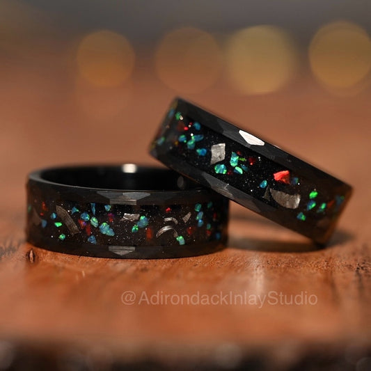 8mm Meteorite Ring, Galaxy ring, nebula ring, Fire Opal ring, black tungsten ring, mens ring, promise ring, wedding Ring, womans ring - Premium Custom Jewelry from Adirondack Inlay Studio LLC - Just $119! Shop now at Adirondack Inlay Studio LLC