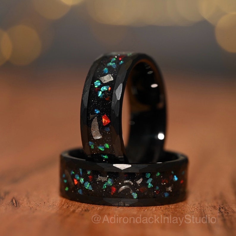 8mm Meteorite Ring, Galaxy ring, nebula ring, Fire Opal ring, black tungsten ring, mens ring, promise ring, wedding Ring, womans ring - Premium Custom Jewelry from Adirondack Inlay Studio LLC - Just $119! Shop now at Adirondack Inlay Studio LLC