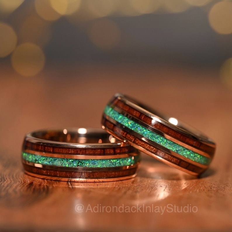 8mm Koa Wood and Opal Ring, Fire Opal Ring, Tungsten Rose Gold Ring, mens promise ring, mens ring, Mens wedding Ring, Wood wedding band - Premium Custom Jewelry from Adirondack Inlay Studio LLC - Just $119! Shop now at Adirondack Inlay Studio LLC