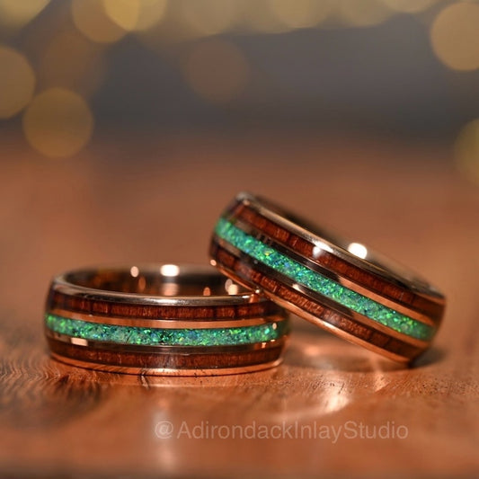8mm Koa Wood and Opal Ring, Fire Opal Ring, Tungsten Rose Gold Ring, mens promise ring, mens ring, Mens wedding Ring, Wood wedding band - Premium Custom Jewelry from Adirondack Inlay Studio LLC - Just $119! Shop now at Adirondack Inlay Studio LLC