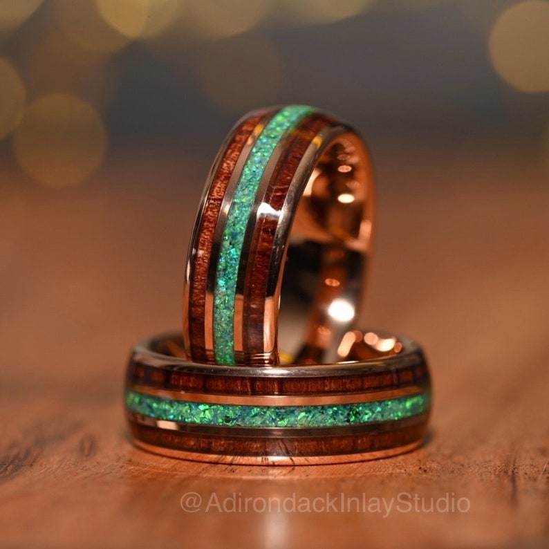 8mm Koa Wood and Opal Ring, Fire Opal Ring, Tungsten Rose Gold Ring, mens promise ring, mens ring, Mens wedding Ring, Wood wedding band - Premium Custom Jewelry from Adirondack Inlay Studio LLC - Just $119! Shop now at Adirondack Inlay Studio LLC