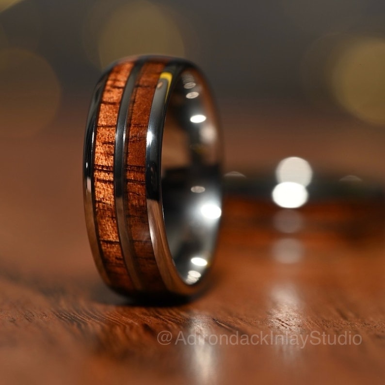 8mm Double Channel Tungsten Band, Koa Wood ring, Wood Inlay ring, Wood Band, Nature Inspired Ring, Wood Mens ring, Wood Womans Ring, Wood Wedding Band - Premium Custom Jewelry from Adirondack Inlay Studio LLC - Just $119! Shop now at Adirondack Inlay Studio LLC