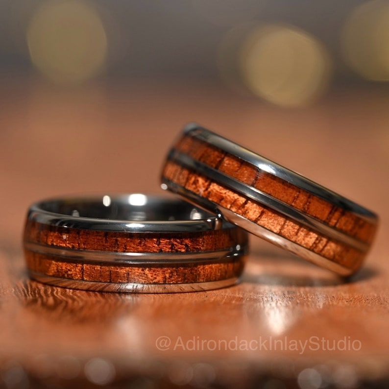 8mm Double Channel Tungsten Band, Koa Wood ring, Wood Inlay ring, Wood Band, Nature Inspired Ring, Wood Mens ring, Wood Womans Ring, Wood Wedding Band - Premium Custom Jewelry from Adirondack Inlay Studio LLC - Just $119! Shop now at Adirondack Inlay Studio LLC